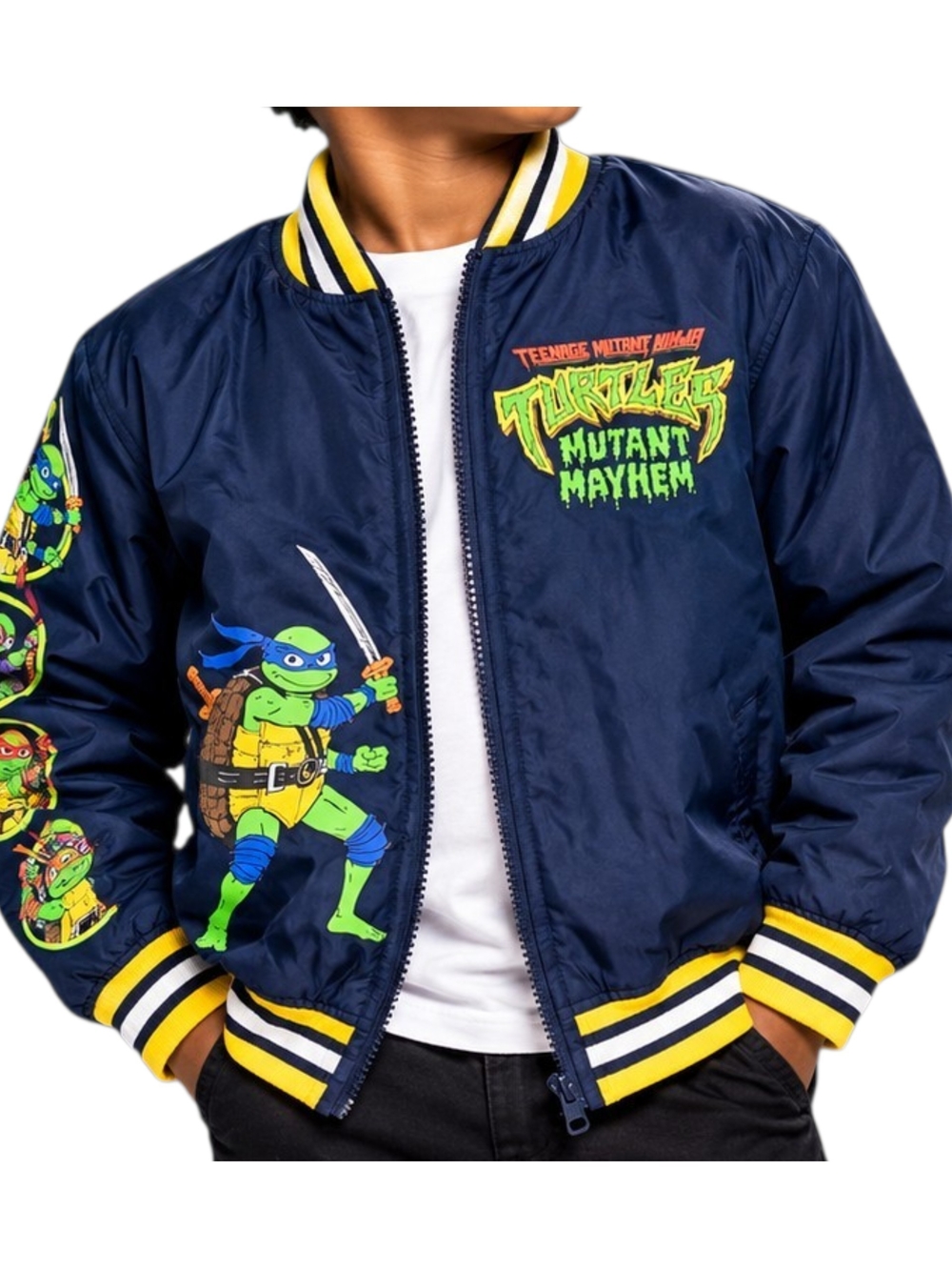 TMNT Mutant Mayhem Boys Varsity Bomber Jacket Navy Blue Yellow Size 10/12